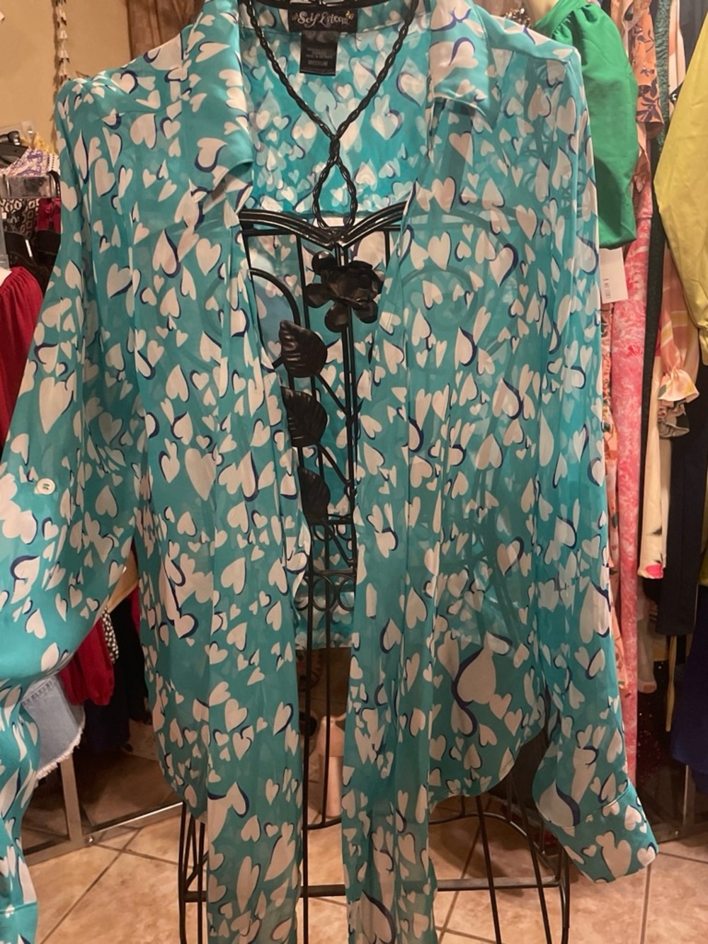 Self Esteem Turquoise and White Heart-Print Sheer Up Blouse